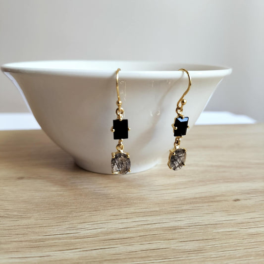 Black onyx & Black Rutile 925 Silver Earrings