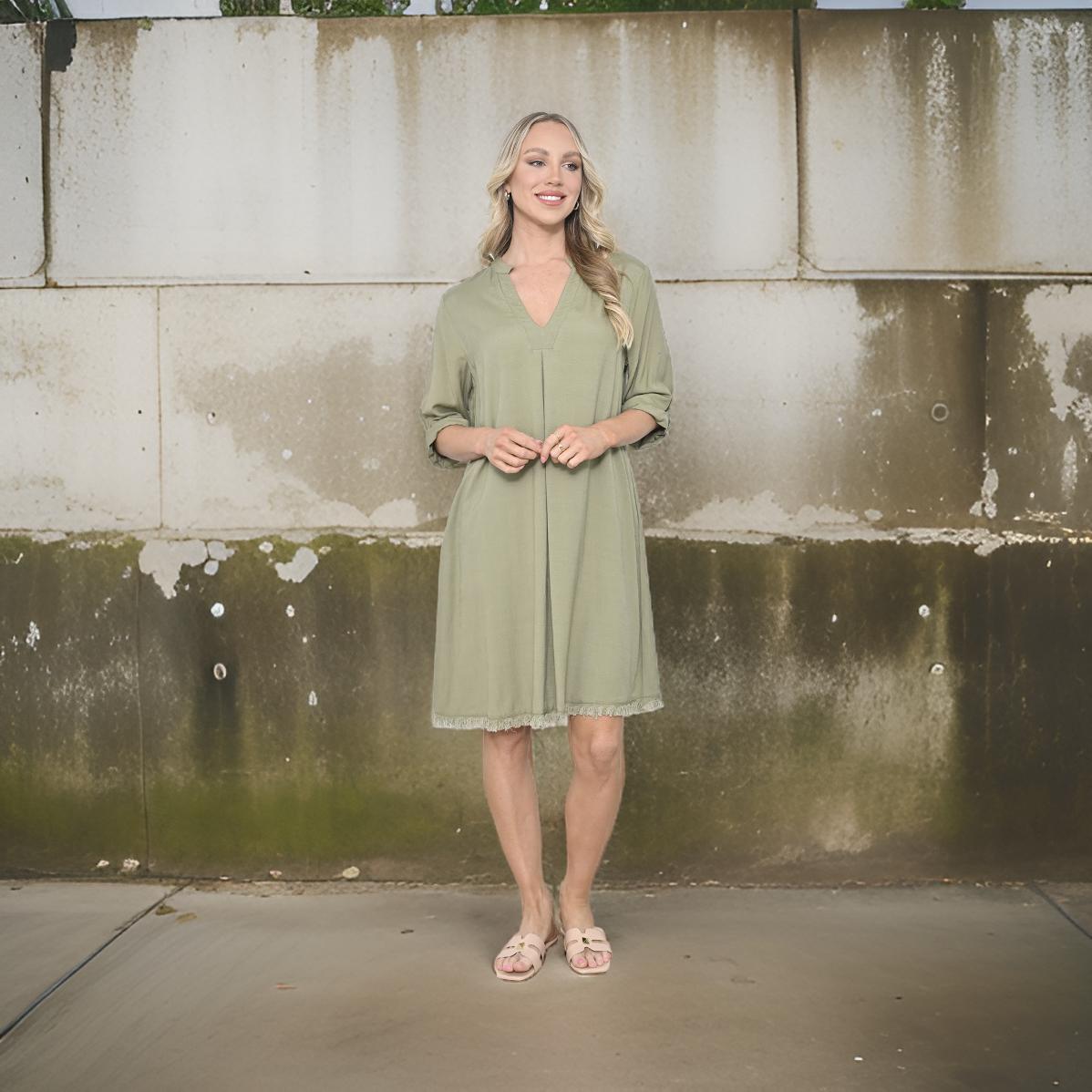 Taylor - Olive Frayed Hemline Dress