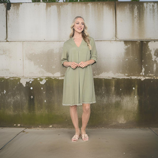 Taylor - Olive Frayed Hemline Dress