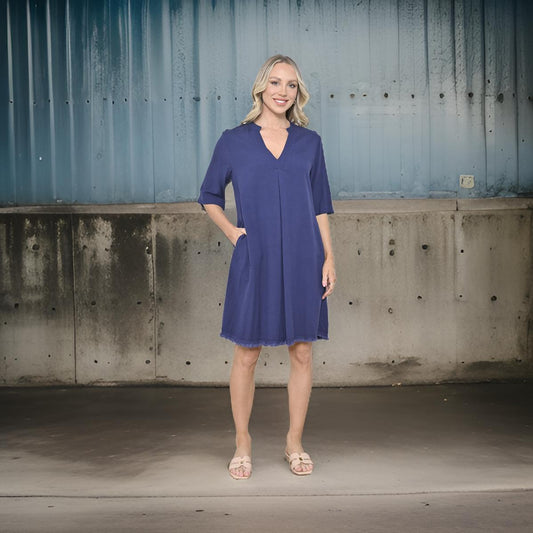 Taylor - Navy Frayed Hemline Dress